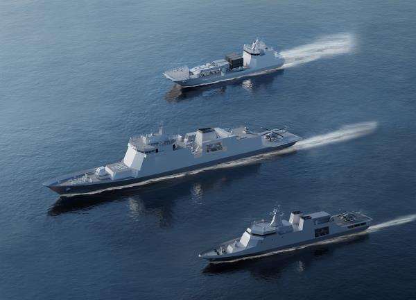 This file photo provided by HD Hyundai Heavy Industries Co. shows a 1,500-ton landing ship (from the top), a 3,400-ton frigate, and a 2,200-ton deepwater guard ship. (PHOTO NOT FOR SALE) (Yonhap)